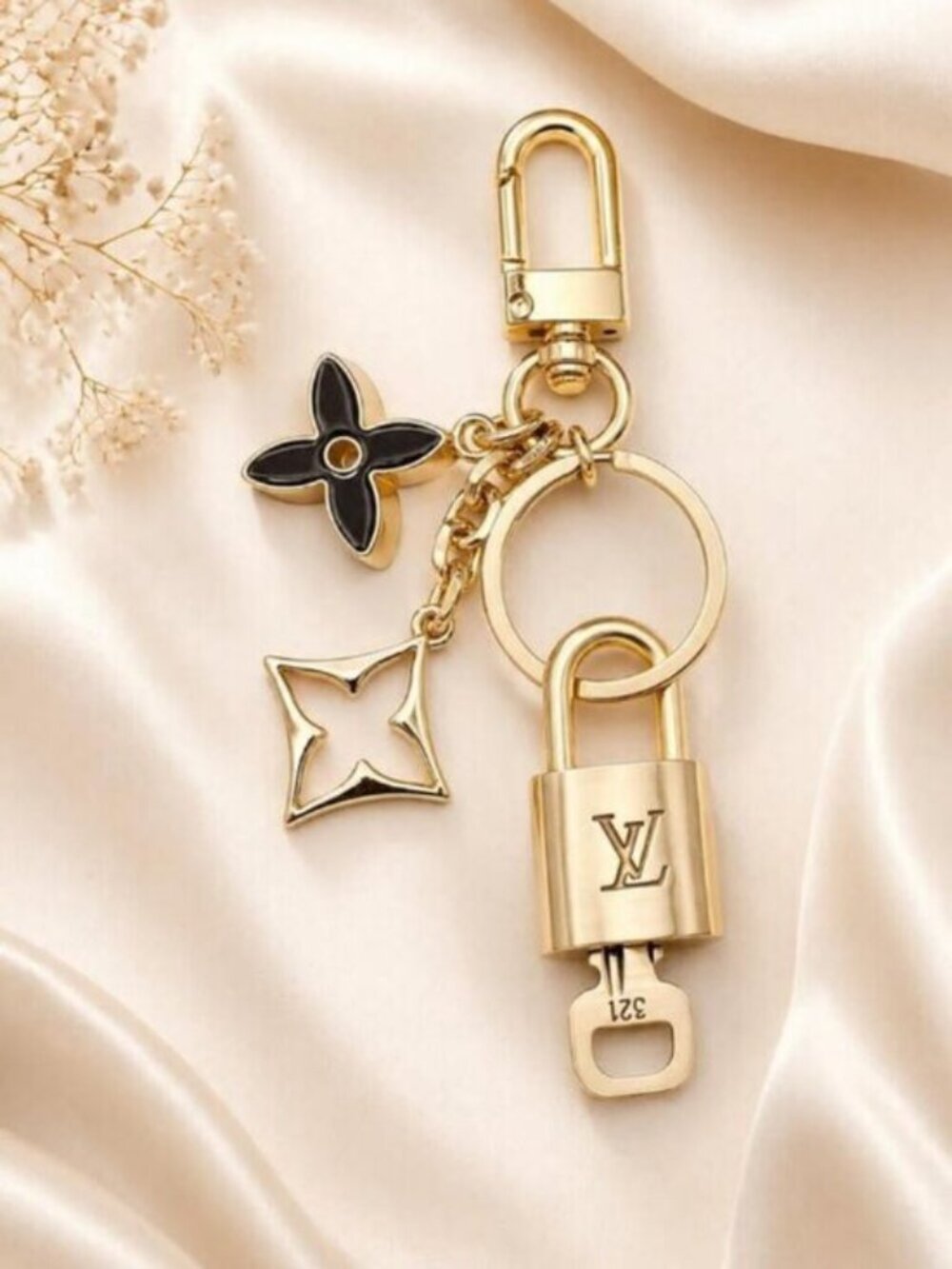 Louis Vuitton Gold Padlock Key 🔒 Authentic LV Charm + Unbranded Flower Keychain